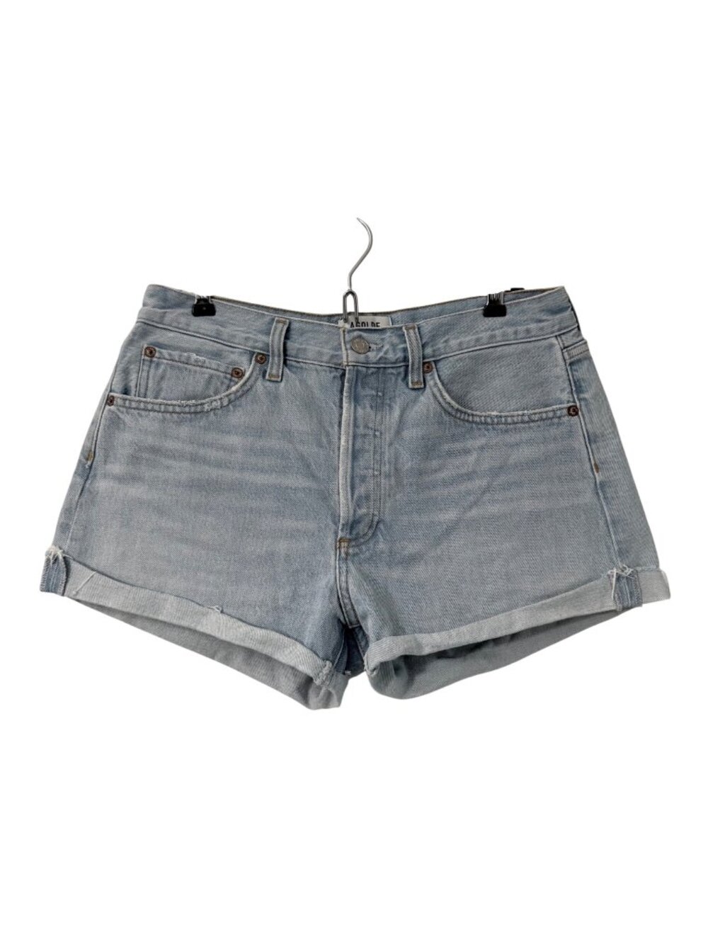 Agolde Parker Light Wash Button Fly Distressed Cuffed Hem Denim Shorts Womens 28